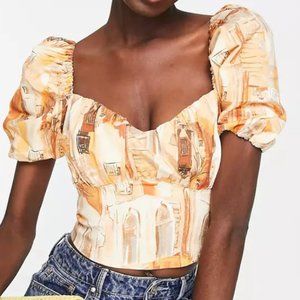 & OTHER STORIES PUFF SLEEVE CROP BLOUSE IN ORANGE PRINT